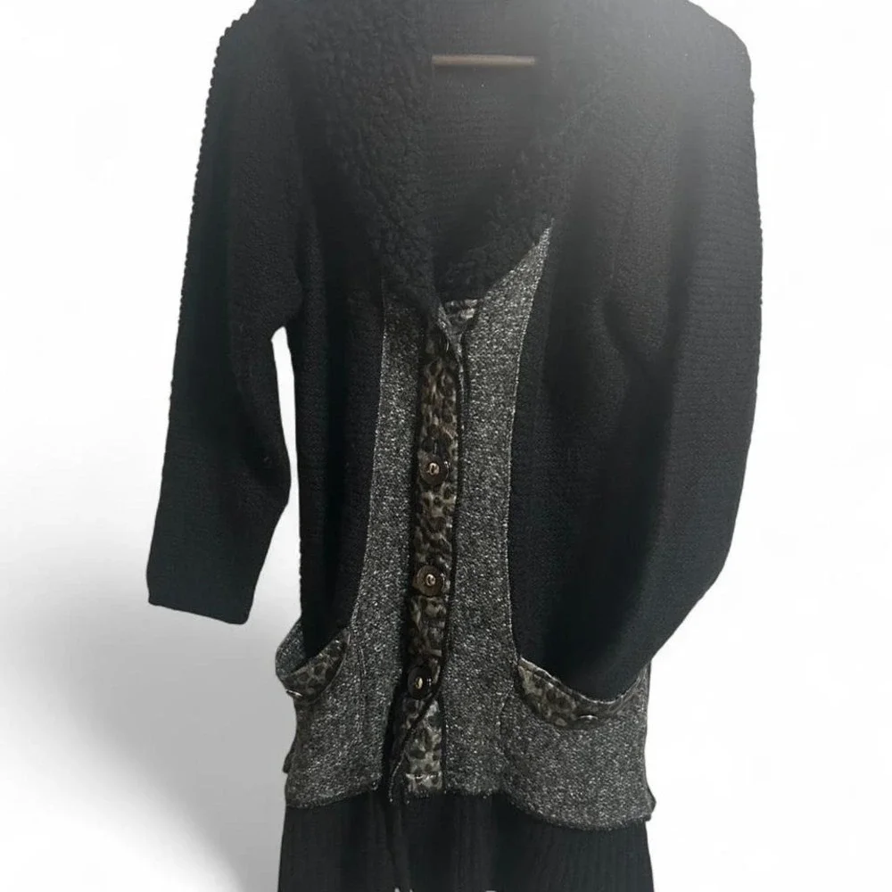 Women's Black and grey long knit‎ sweater with leopard print accents medium